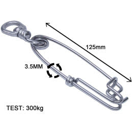 PS Dive 125mm tuna clip with swivel shown against a ruler