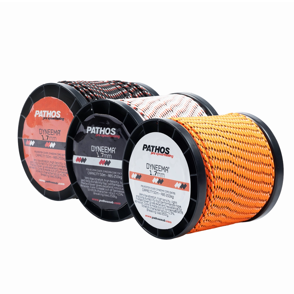 Pathos Dyneema 1.7 mm 50 m cord rolls in black, white and fluorescent orange