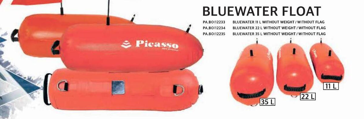 Picasso Bluewater Float catalog comparison of 11 litre, 22 litre and 35 litre sizes